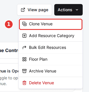 The Actions menu open on a venue page, with Clone Venue outlined at the top of the list.