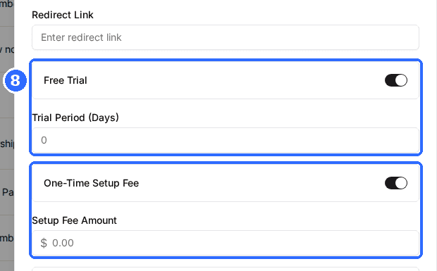 Free Trial and One-Time Setup Fee switched on in the Create Plan window, showing Trial Period (Days) and Setup Fee Amount