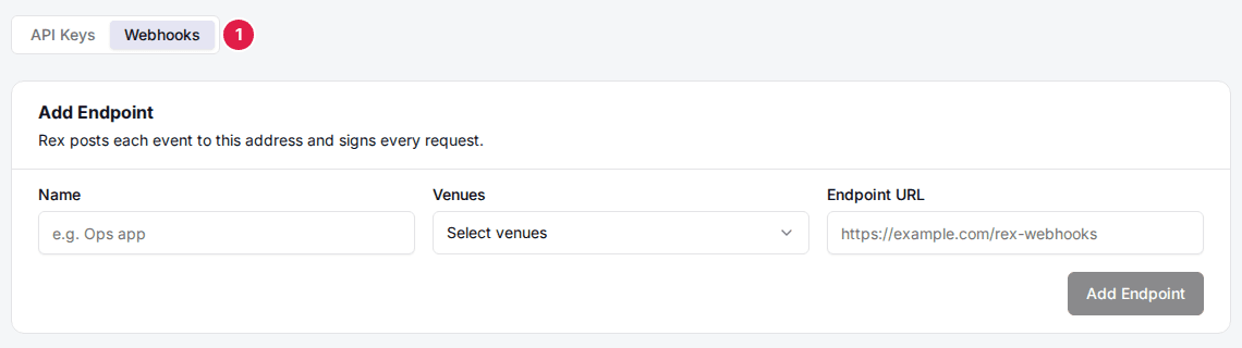 The Webhooks tab marked (1) next to API Keys on the API page, with the Add Endpoint card below
