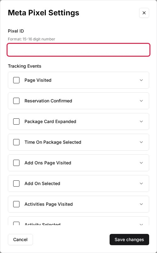 Meta Pixel Settings window with the Pixel ID field highlighted above the Tracking Events checklist