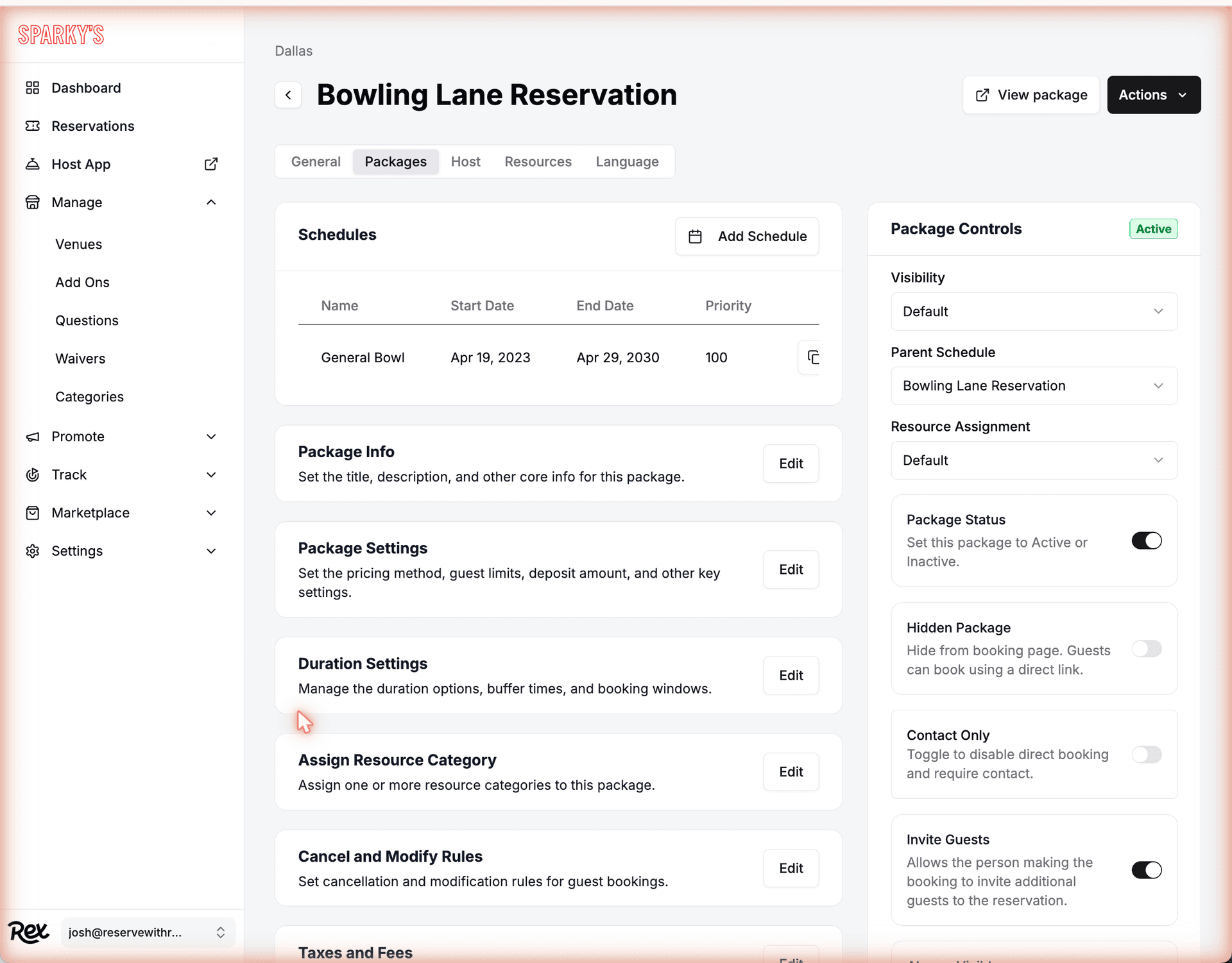 The Bowling Lane Reservation package detail view. The Package Controls card sits on the right; the left column holds the Package Info, Package Settings, Duration Settings, Assign Resource Category, and Cancel and Modify Rules cards, each with an Edit button.