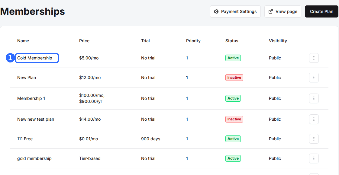 The Memberships page listing plans with Name, Price, Trial, Priority, Status and Visibility