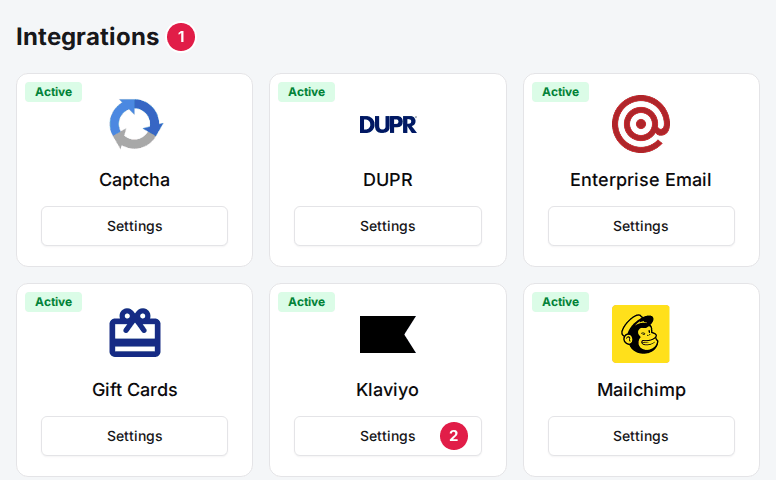 The Integrations section at the bottom of the venue's General tab (1) with the Klaviyo card's Settings button (2)
