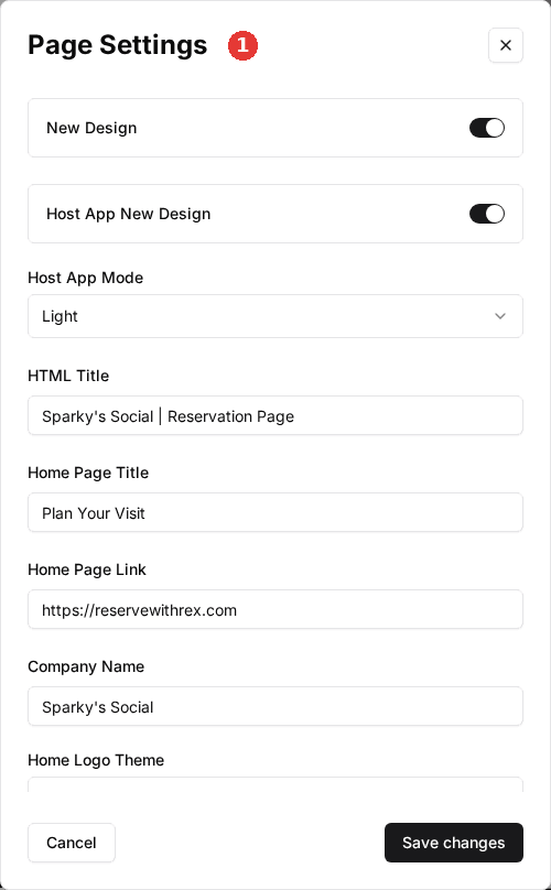 The Page Settings dialog showing New Design, Host App New Design, Host App Mode, HTML Title, Home Page Title, Home Page Link, Company Name and Home Logo Theme