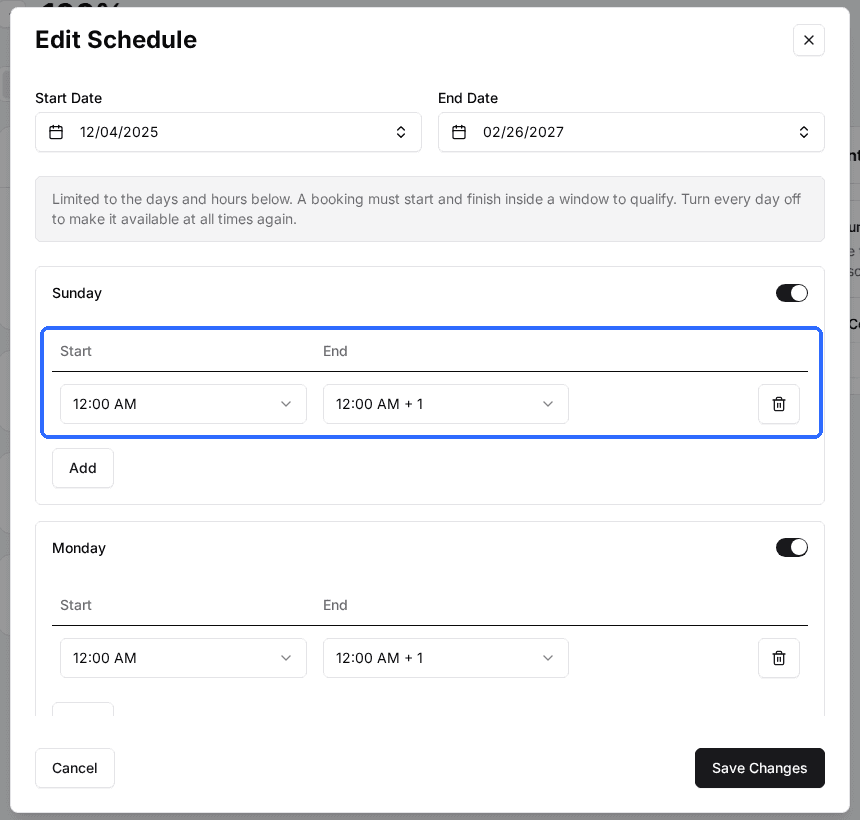 The Edit Schedule window with the Start and End hours of Sunday's window highlighted
