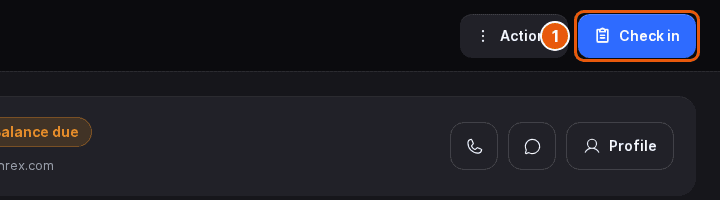 Top right of a reservation in the Host App with the Check in button marked, next to Actions