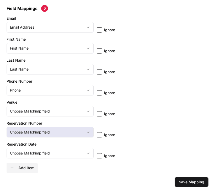The Field Mappings section (5) with each Rex field set to a Mailchimp field, the Ignore tick boxes, Add item and Save Mapping