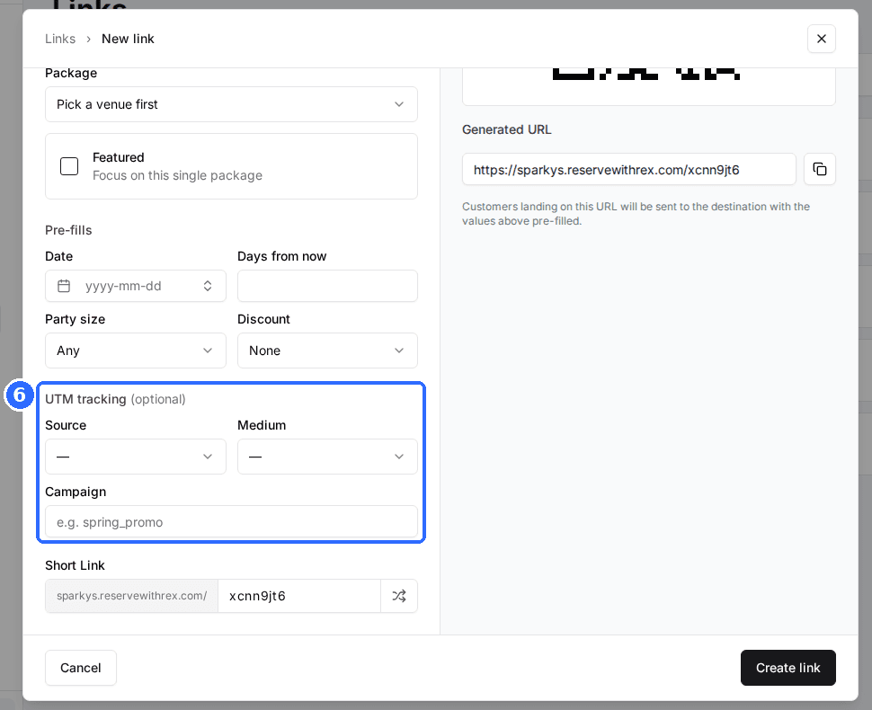 The New link window with UTM tracking (optional) highlighted: Source and Medium dropdowns and the Campaign field