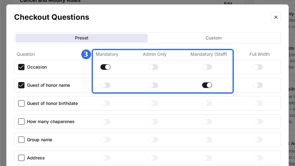 The Preset tab of the Checkout Questions window with Occasion and Guest of honor name checked, Mandatory on for Occasion and Mandatory (Staff) on for Guest of honor name