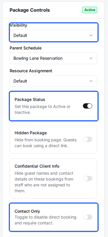 The Package Controls card on a package page with Visibility, Package Status and Contact Only highlighted