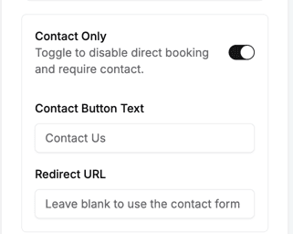 The Package Controls card with the Contact Only toggle on, showing the Contact Button Text field (placeholder 'Contact Us') and the Redirect URL field (placeholder 'Leave blank to use the contact form').