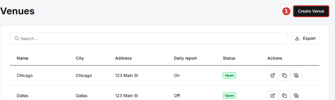 The Venues page with the Create Venue button outlined at the top right, above the list of venues.