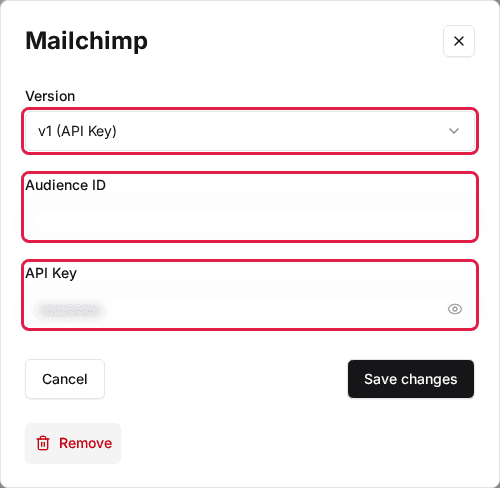The account Mailchimp window switched to v1 (API Key) with the Version dropdown, Audience ID and API Key fields highlighted (values blurred)