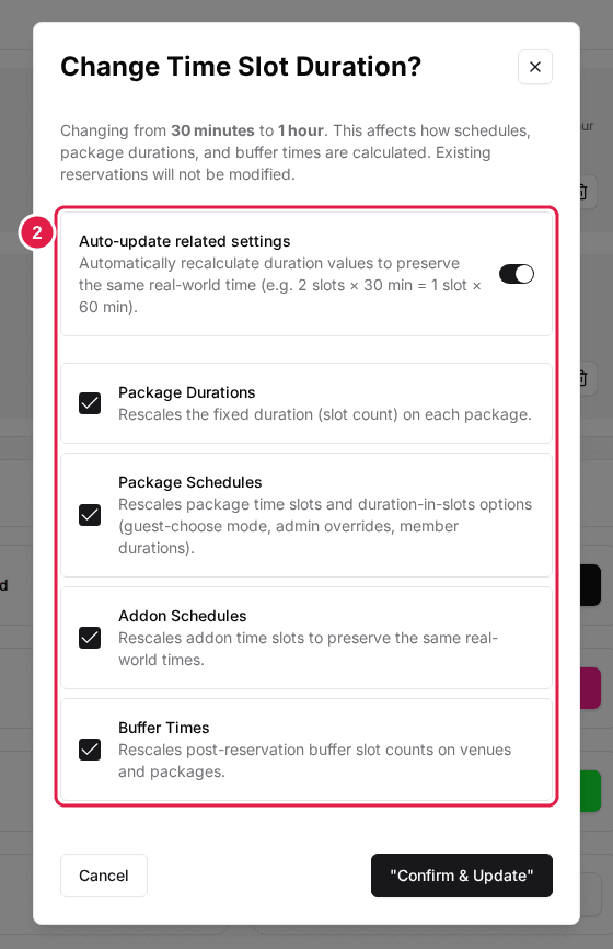 The Change Time Slot Duration? dialog for a change from 30 minutes to 1 hour, with Auto-update related settings on and Package Durations, Package Schedules, Addon Schedules and Buffer Times ticked