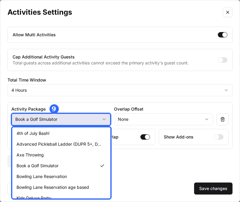 The Activities Settings window with the Activity Package dropdown open, listing the venue's packages.