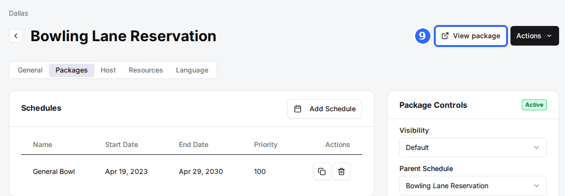 A package page header with the View package button highlighted next to Actions.