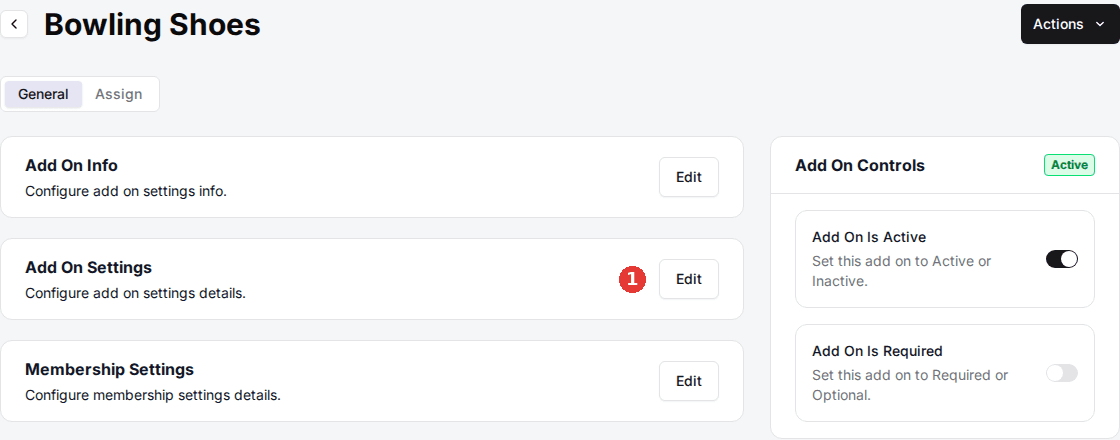 An add-on's General tab showing the Add On Info, Add On Settings and Membership Settings cards, with the Edit button on the Add On Settings card outlined, and the Add On Controls panel on the right