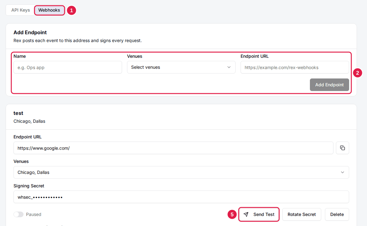 The Webhooks tab of the API page, with the Add Endpoint card's Name, Venues and Endpoint URL fields and an existing endpoint's Send Test button highlighted