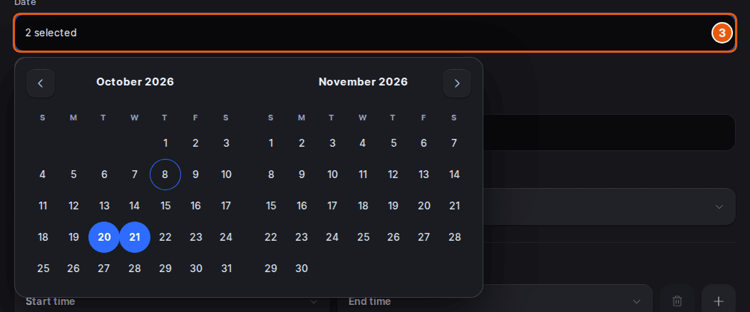 Date field reading 2 selected with the two-month calendar open and two days highlighted