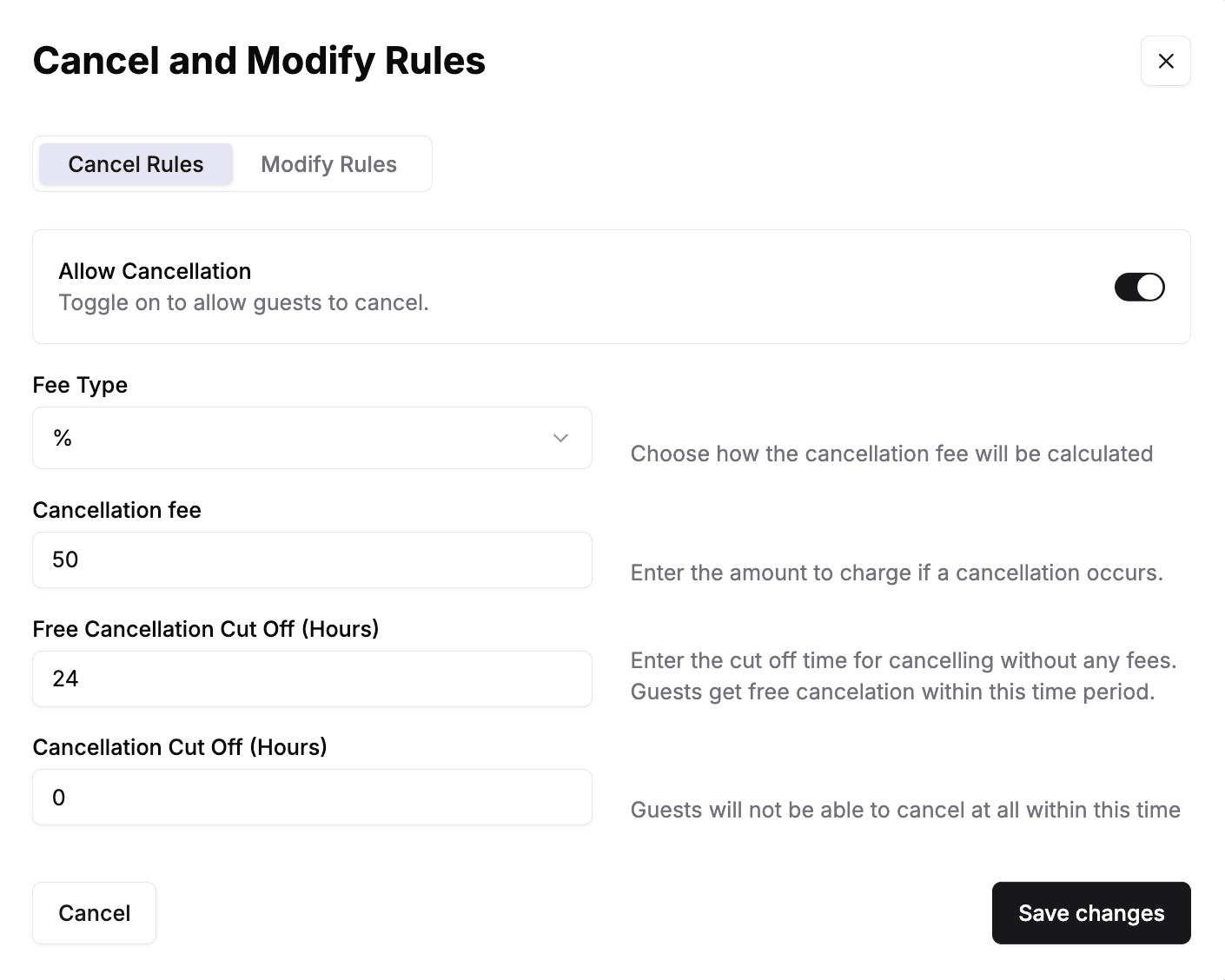 The Cancel Rules tab of the Cancel and Modify Rules modal. Allow Cancellation is on, Fee Type is %, Cancellation fee is 50, Free Cancellation Cut Off is 24 hours, and Cancellation Cut Off is 0.