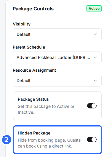 The Package Controls card with the Hidden Package toggle switched on.