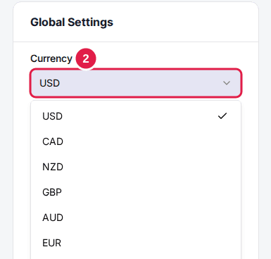 The Global Settings card with the Currency dropdown outlined and open, listing USD (selected), CAD, NZD, GBP, AUD and EUR.