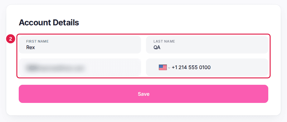 The Account Details card with the First Name, Last Name, Email and phone number fields outlined above the Save button.