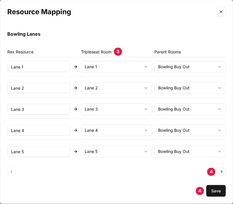 The Resource Mapping window with Rex Resource, Tripleseat Room (3) and Parent Rooms columns, the next category arrow (4) and Save (4)