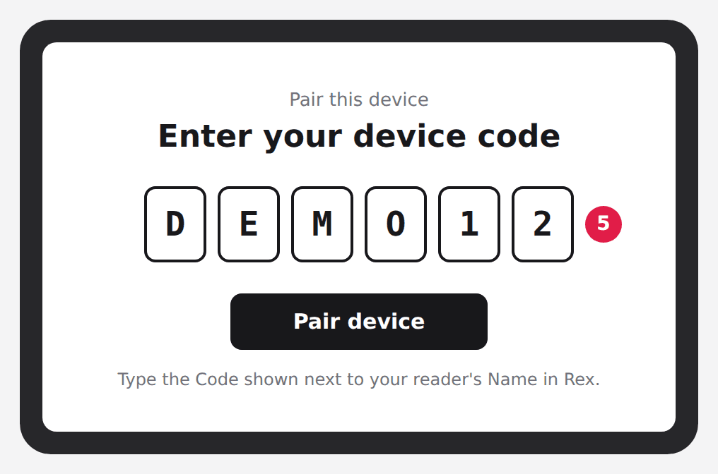 Illustration: a card reader's pairing screen with the six-character device code entered (5) and a Pair device button