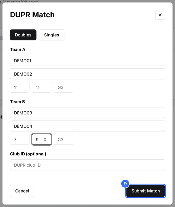 The DUPR Match window with Doubles selected, each team's DUPR IDs and scores entered and the Submit Match button marked