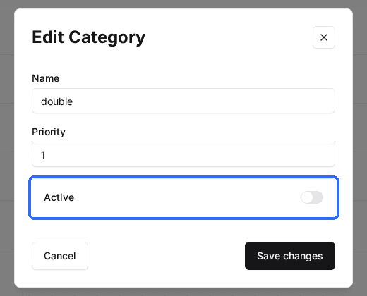 The Edit Category window for an inactive category with Name, Priority and the Active toggle turned off