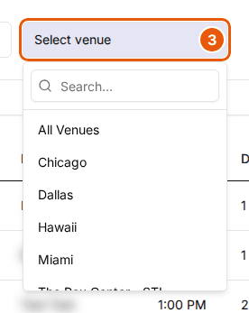 The venue dropdown open under Select venue, with a search box and All Venues, Chicago, Dallas, Hawaii and Miami listed