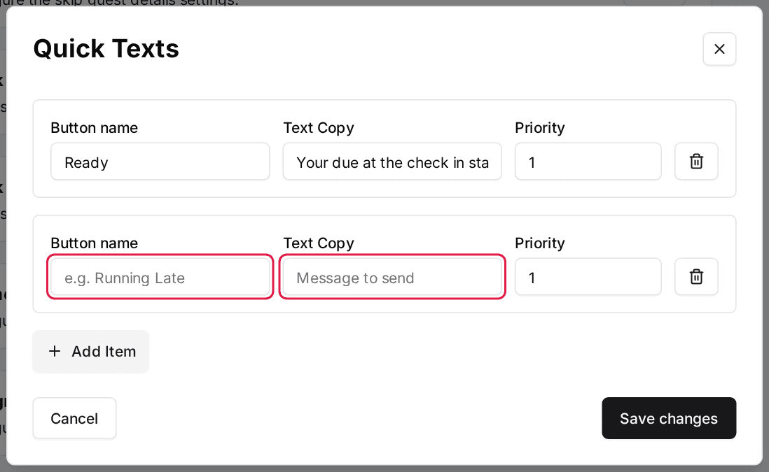 The Quick Texts window with a new empty entry added, its Button name and Text Copy fields outlined