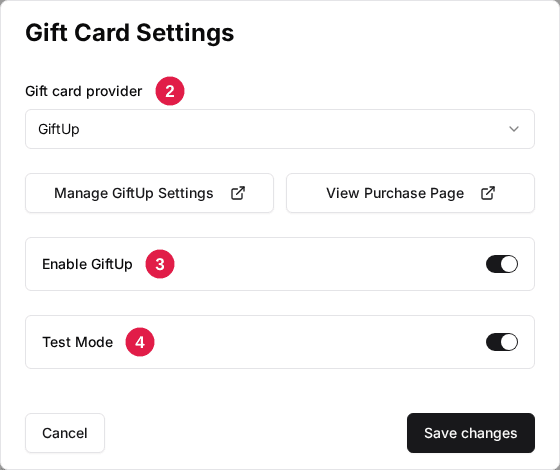 The venue's Gift Card Settings window: Gift card provider set to GiftUp (2), the Enable GiftUp switch (3) and the Test Mode switch (4)