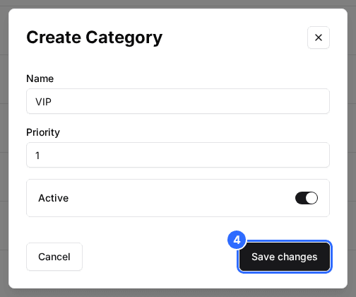The Create Category window with the name VIP entered and the Save changes button marked