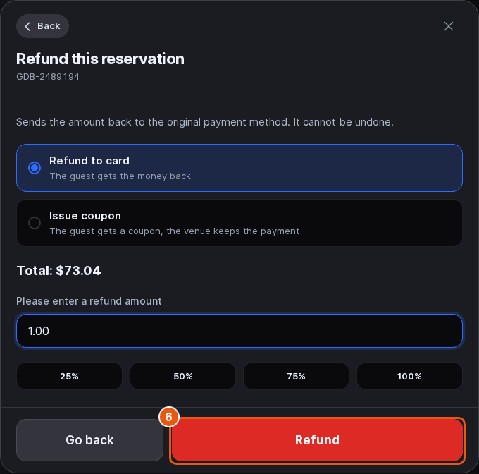 Refund this reservation sheet with an amount entered and the Refund button marked