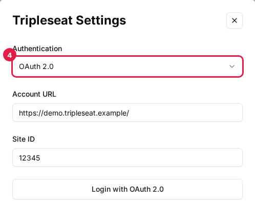 The Tripleseat Settings window with Authentication set to OAuth 2.0 (4), the Account URL and Site ID fields, and the Login with OAuth 2.0 button below Site ID.