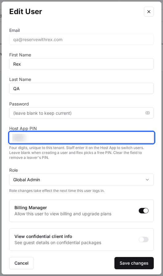The Edit User window with the Host App PIN field highlighted below Password