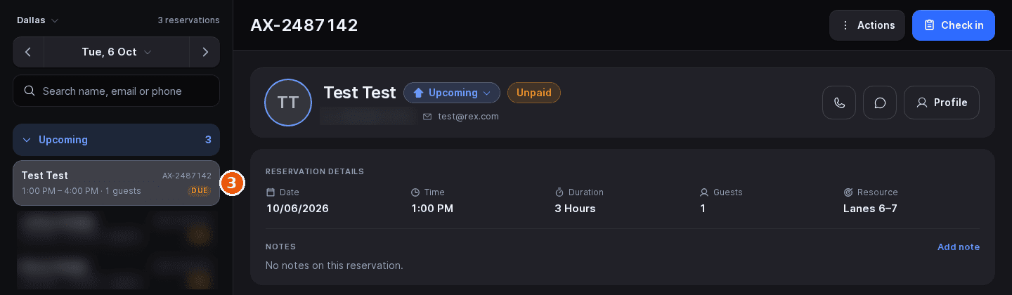 Check In page with a reservation selected in the list and its details on the right