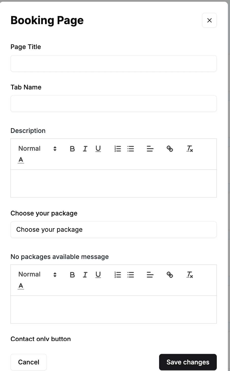 The Booking Page editor with the Page Title, Tab Name, Description, Choose your package, and No packages available message fields
