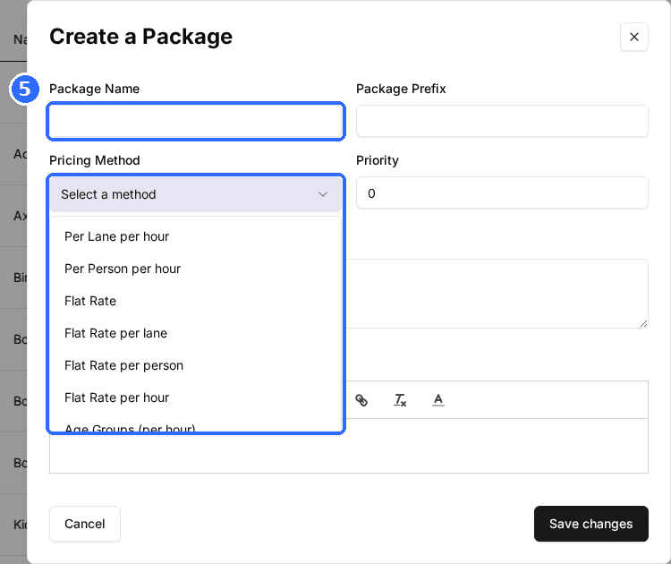 The Create a Package window with Package Name, Package Prefix, Priority and the Pricing Method list open showing Flat Rate and Flat Rate per person