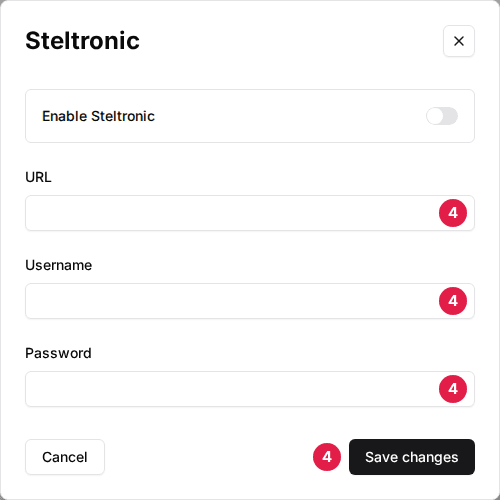 The Steltronic window with the URL, Username and Password fields (4) and the Save changes button (4)