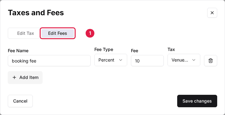 A package's Taxes and Fees dialog with the Edit Fees tab outlined next to Edit Tax, showing a fee row and the Add Item button.