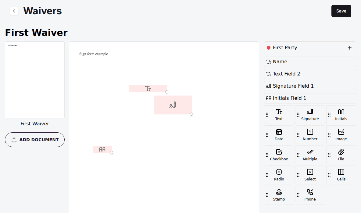 The waiver template editor for First Waiver with the page thumbnail and Add Document button on the left, the document with placed fields in the middle, and the field list and field types on the right