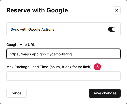 The venue's Reserve with Google window with the Max Package Lead Time field marked (5), left blank