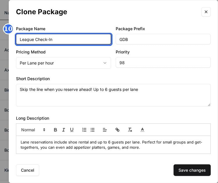 The Clone Package window with League Check-In typed in Package Name, plus Pricing Method, Priority and the descriptions