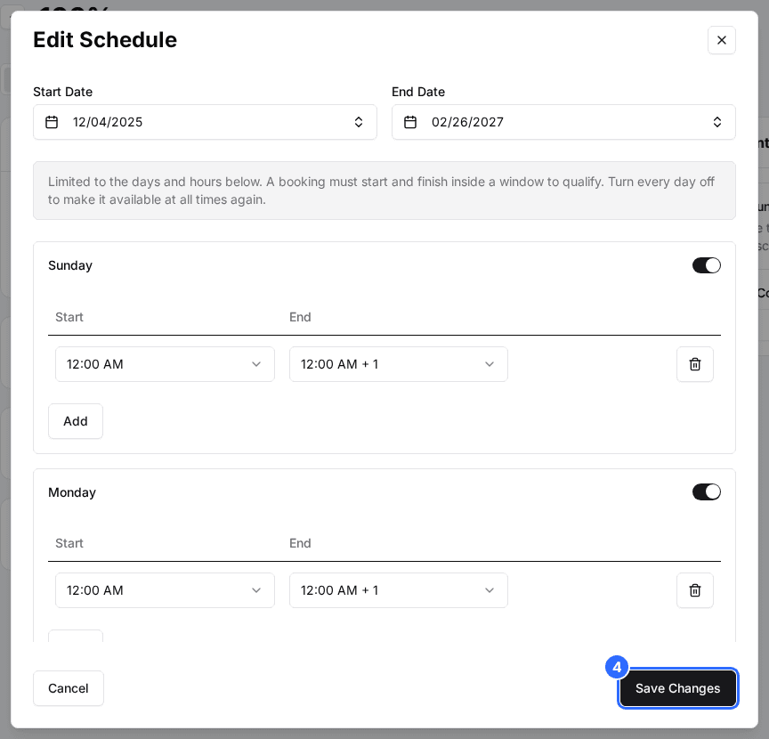 The Edit Schedule window with the Save Changes button marked at the bottom right