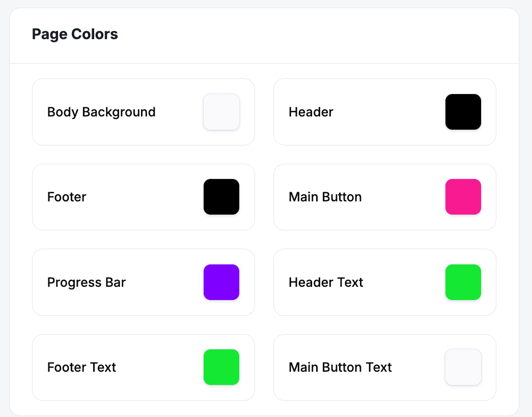 The Page Colors card showing the eight color swatches, from Body Background to Main Button Text