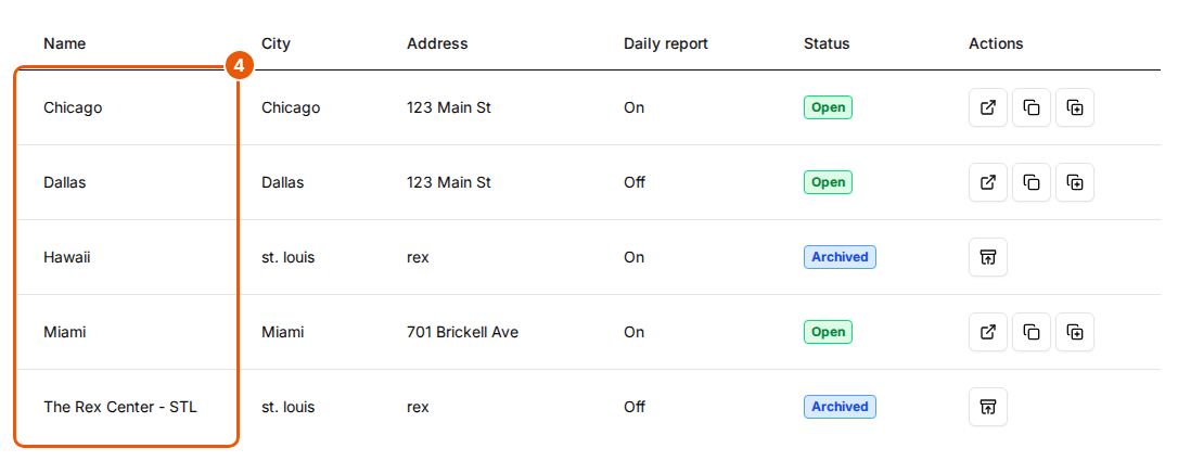 The Venues list under Manage with the venue names highlighted: Chicago, Dallas, Hawaii, Miami and The Rex Center - STL