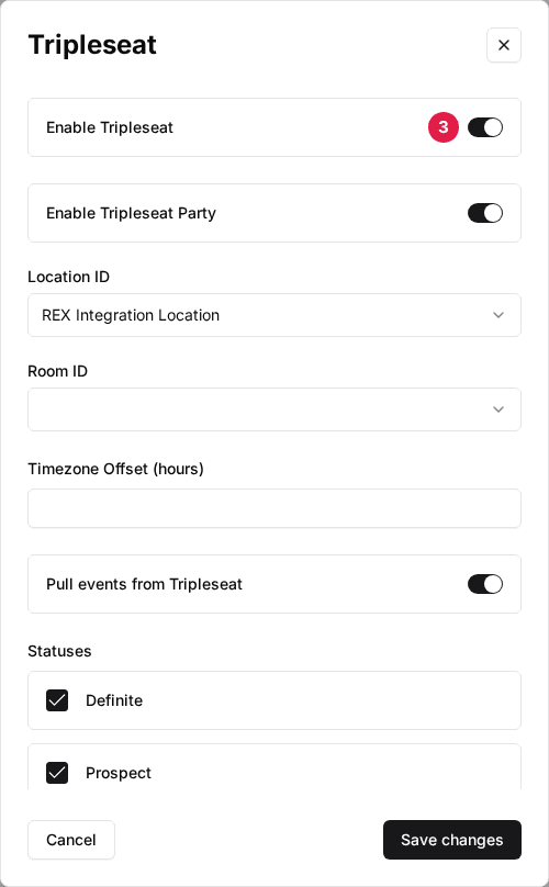 The venue's Tripleseat window with the Enable Tripleseat switch marked (3)